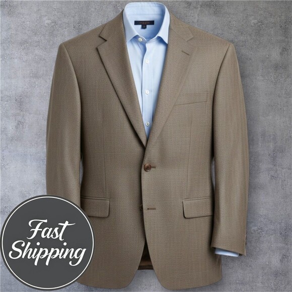 RALPH LAUREN Mens Blazer Sport Coat Two Button Suit Jacket44R Tan Silk/Wool